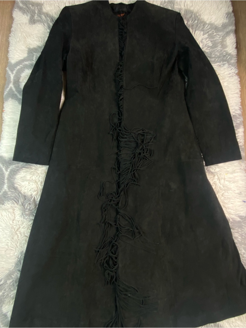 VINTAGE 3B WEST SUEDE FRINGE TRIM LONG COAT  Black Sz XL